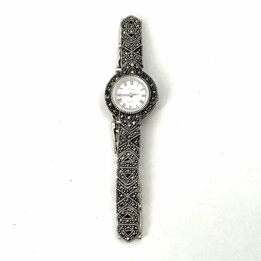 Vintage Anjuli Sterling Silver & Marcasite Womens Cocktail Watch
